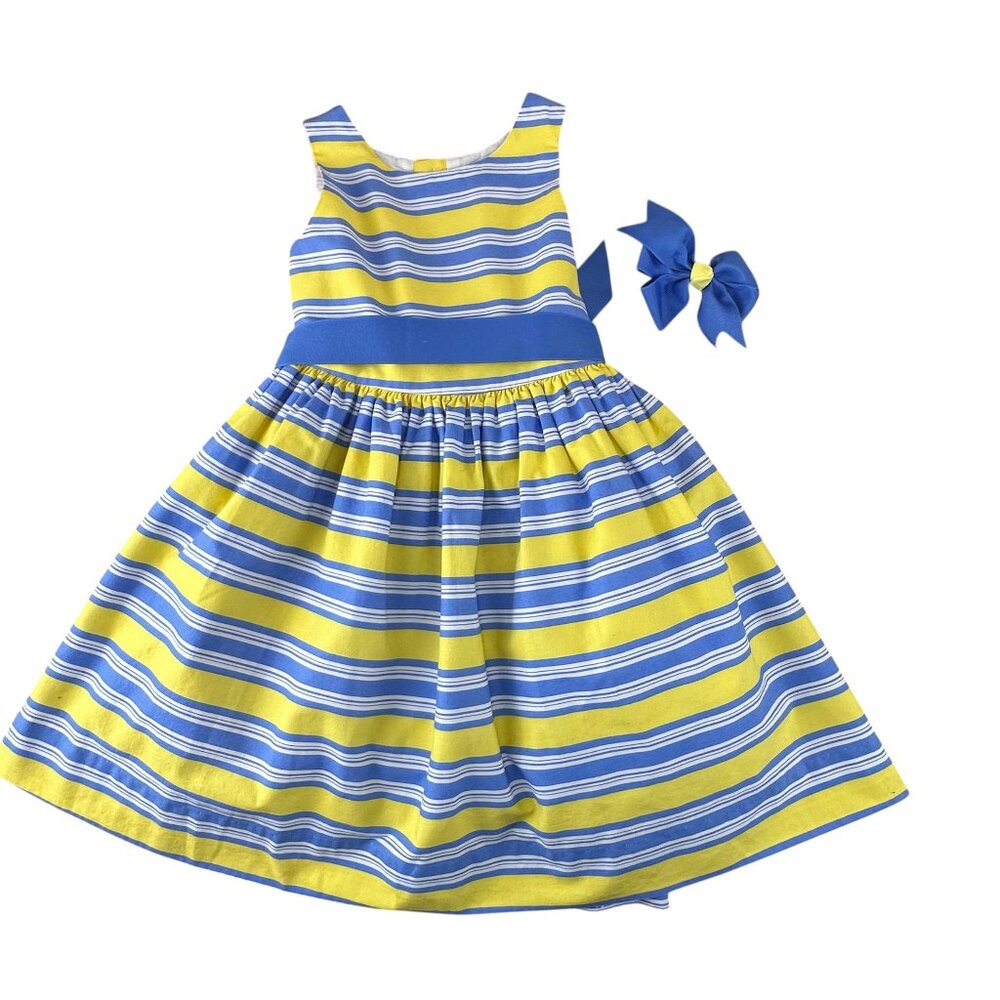 Bailey Boys Classic Sleeveless dress size 6 Striped Yellow Blue Lined w/ Hairbow